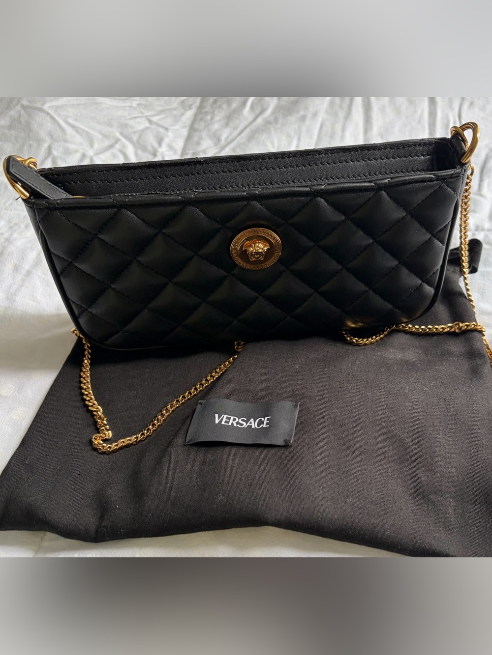 Versace Black Quilted Leather Crossbody with Gold Medallion